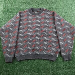 Vintage Lido Sports Mohair Style Sweater Made in USA Grey Red Geometric Womens L
